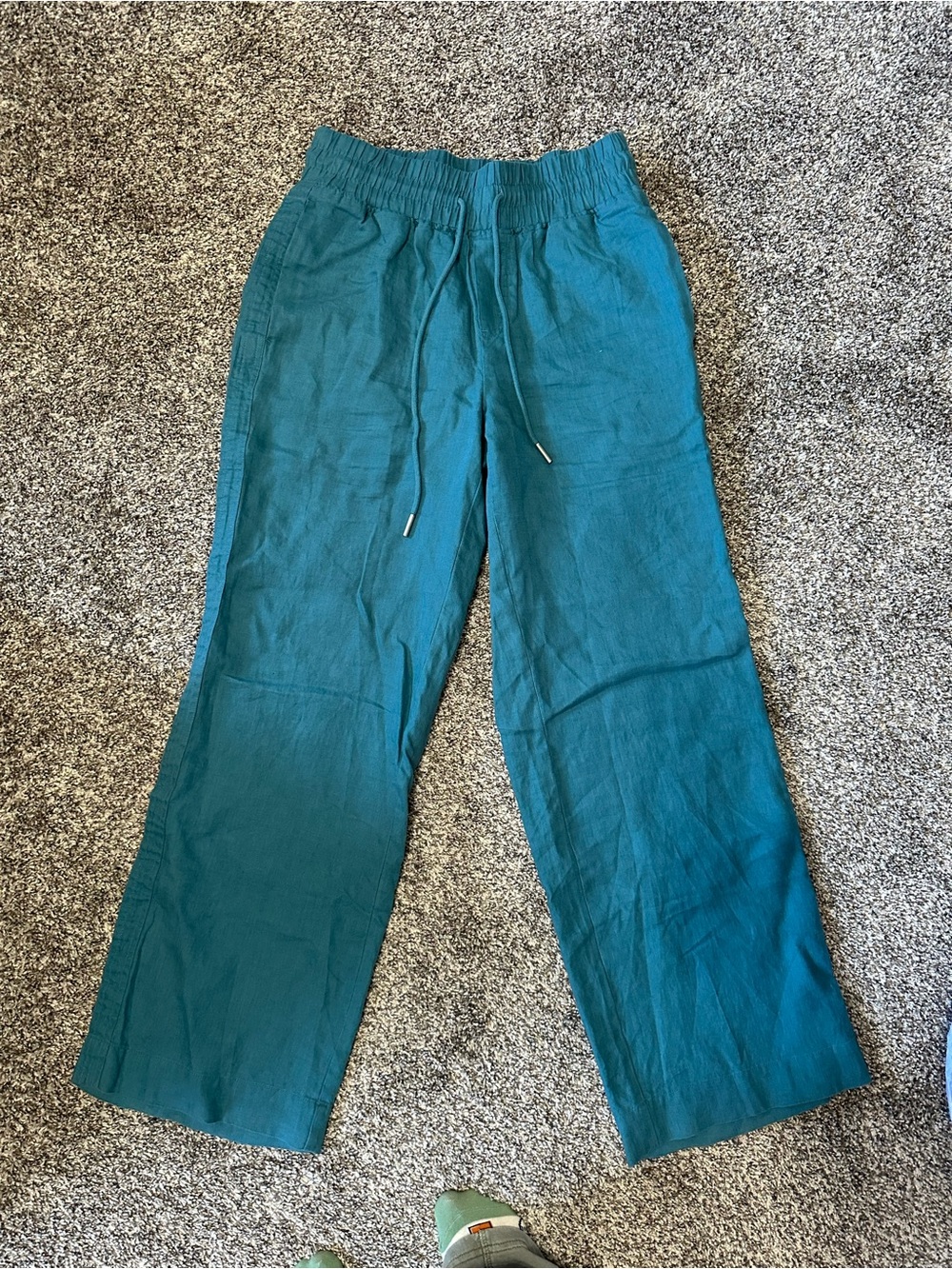 Quince Teal Wide-Leg Drawstring Linen Pants Long